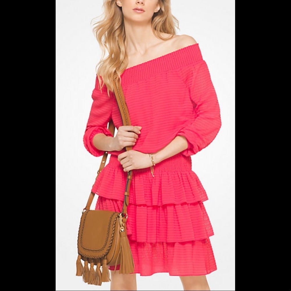 Michael Kors Womens Orange Swiss Dot Off Shoulder Ruffle Tiered Semi Sheer Dress